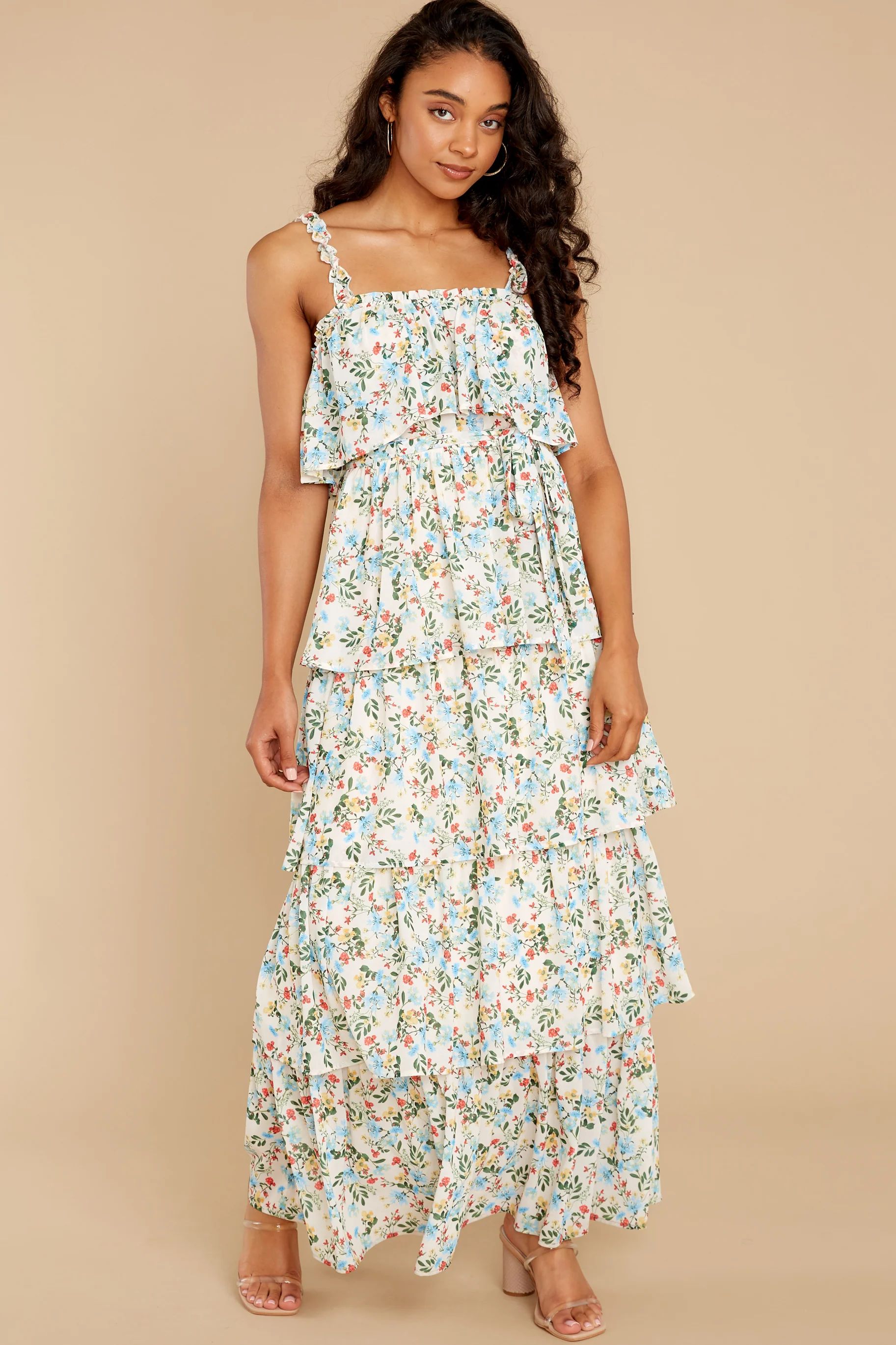 Magical Means Ivory Floral Print Maxi Dress | Red Dress 
