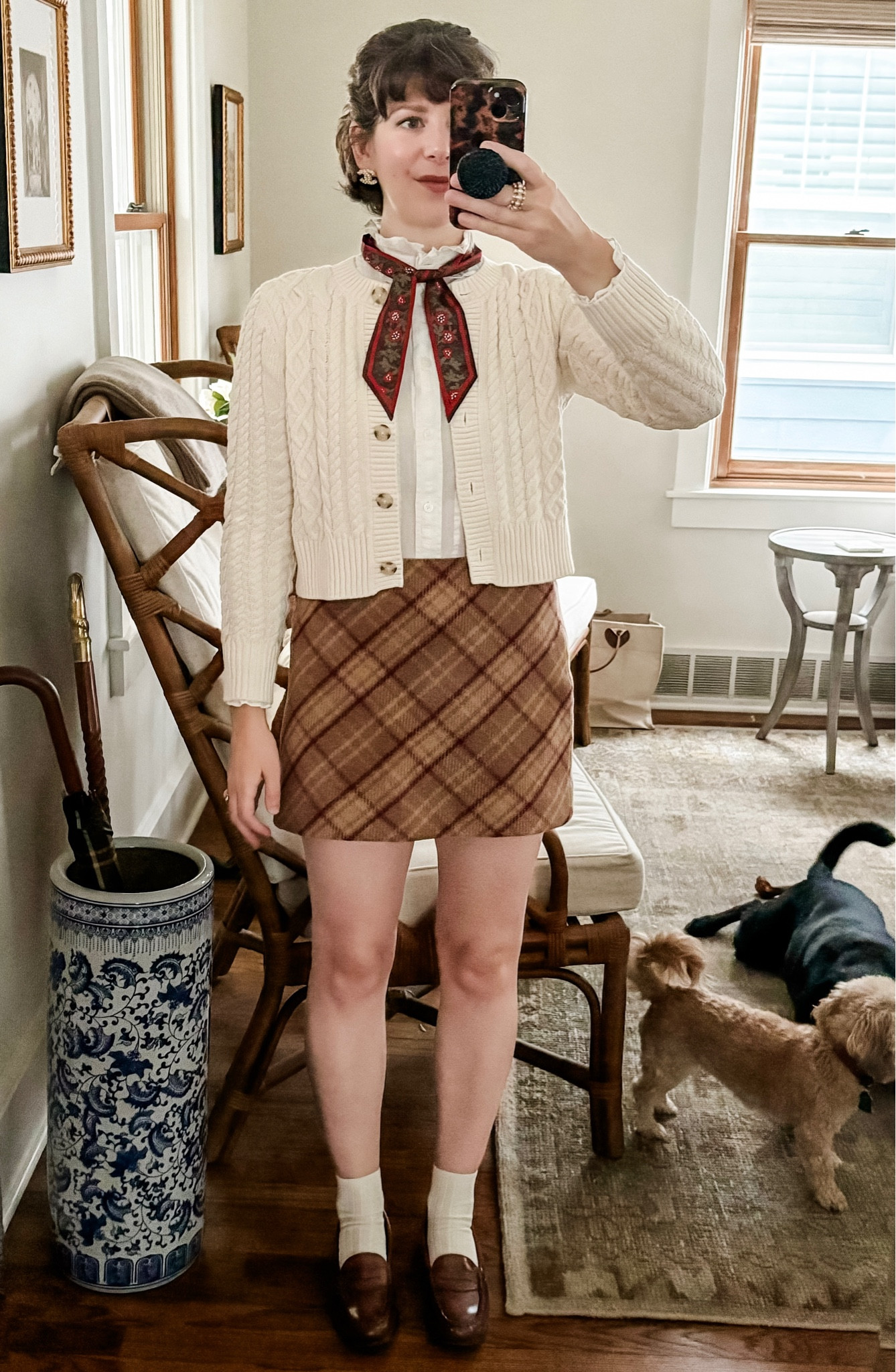 My go to outfit formula: plaid skirt, lady cardigan, silk scarf, and penny loafers  

#LTKSeasonal #LTKstyletip #LTKover40