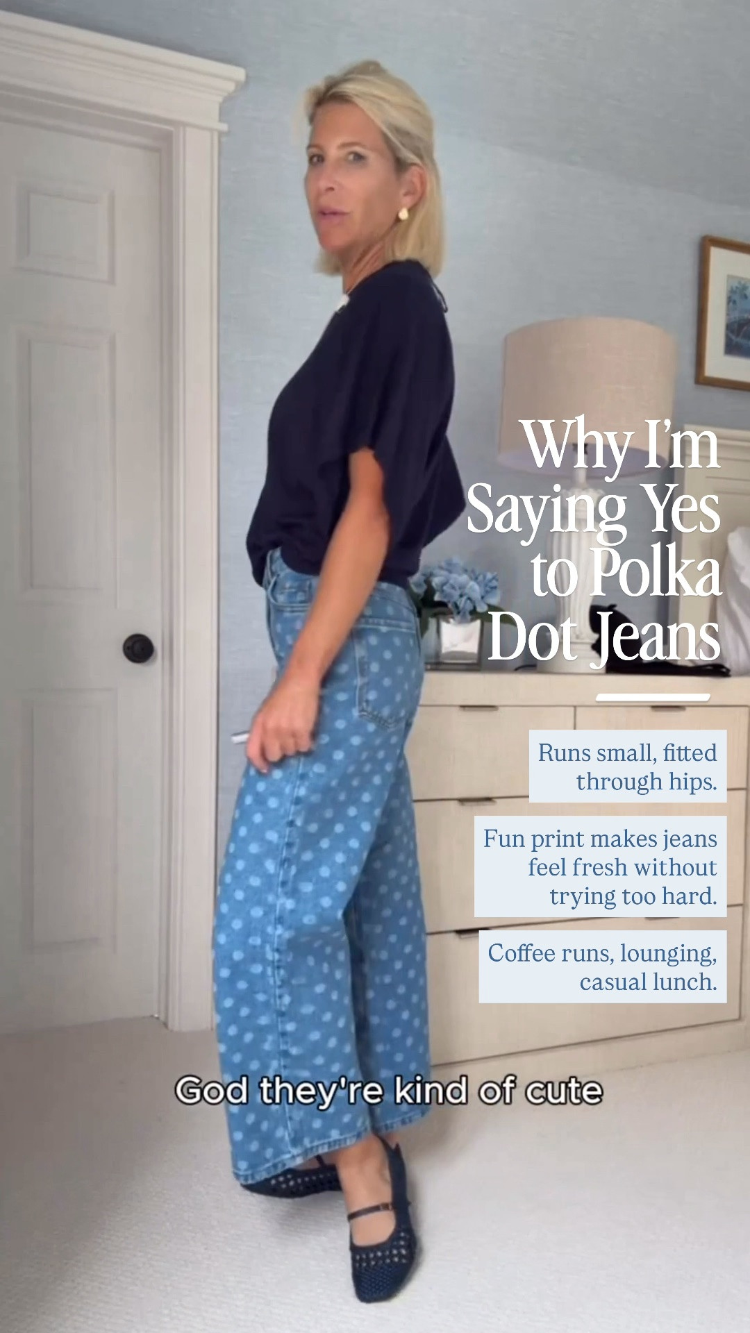 I wasn’t expecting to fall for the polka dot trend… but here we are.

These jeans are one size smaller than I normally buy, so they feel a little snug (and yes… I had just eaten lunch 😂). The funny thing is, they don’t really look too tight, and paired with a navy sweater and ballet flats, they’re just such a fun everyday outfit.

#LTKOver40 #LTKSeasonal #LTKootd