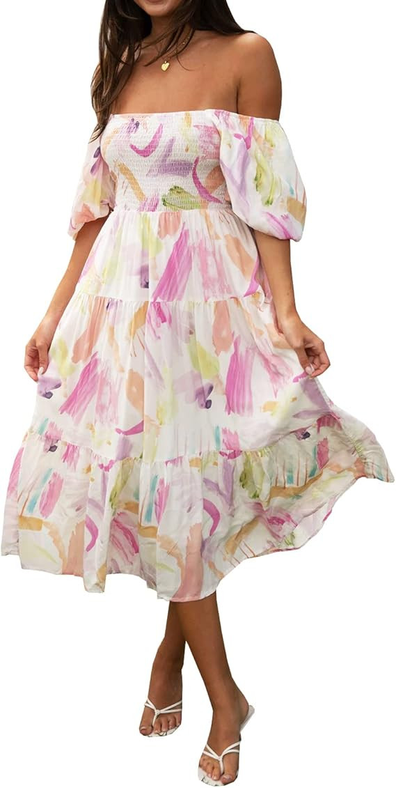 Sissyaki Women's Summer Boho Floral Print Midi Dress Square Neck Tiered Flowy Beach Long Dress | Amazon (US)