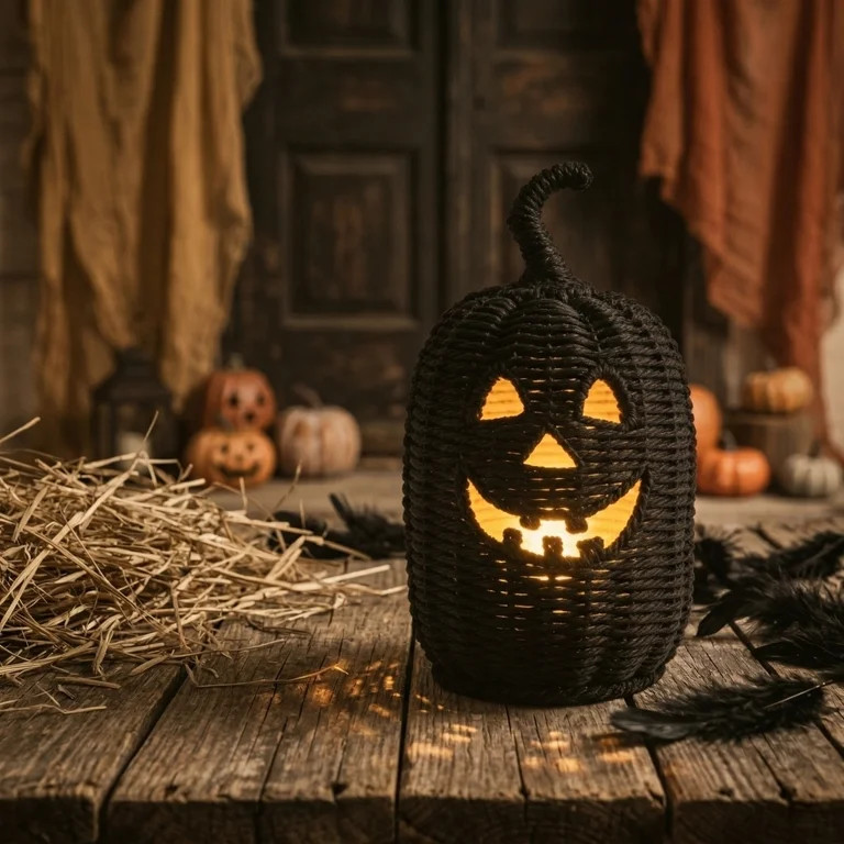 Handwoven Rattan Halloween Pumpkin Decoration - Black Rattan Woven Rope Light Up Pumpkin Hallowee... | Walmart (US)