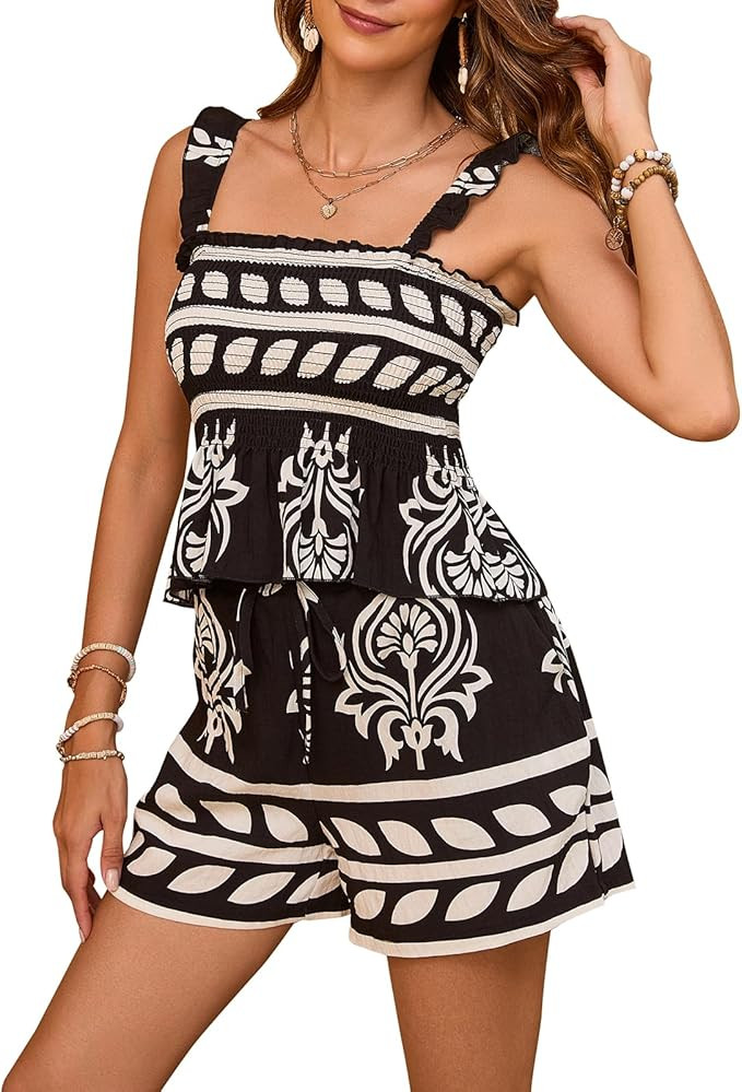 Women's Floral 2 Piece Summer Beach Set Boho Stretchy Straps Square Neck Ruffle Top Shorts with P... | Amazon (US)