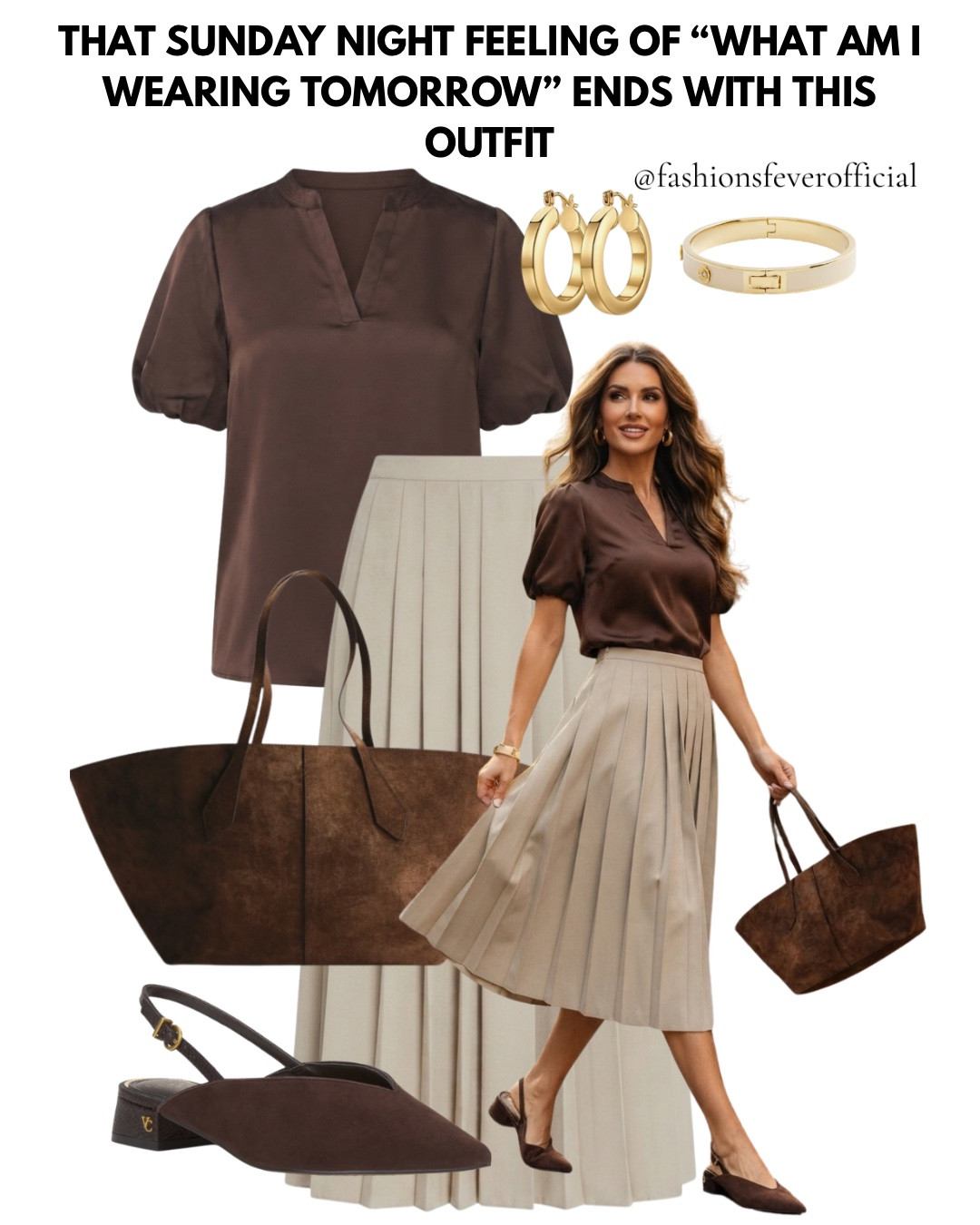 Business Casual Outfits! Summer Outfits! Nordstrom Anniversary Sale!
That Sunday night feeling of "what am I wearing tomorrow" ends with this outfit.

Chocolate brown blouse, ivory pleated midi skirt, brown suede tote, gold hoops, this is the formula that solves the eternal work outfit dilemma.

Business casual that doesn't feel like a uniform. Polished enough for the office, comfortable enough to actually enjoy wearing.

Save this for the next "what do I wear" panic.

#businesscasual #workoutfit #officestyle #ootd #summeroutfit #neutraloutfit #workwearstyle #outfitinspo #styleinspo #LTKSummer #americanstyle #elevatedcasual #nordstromanniversarysale

#LTKSeasonal #LTKWorkwear #LTKootd