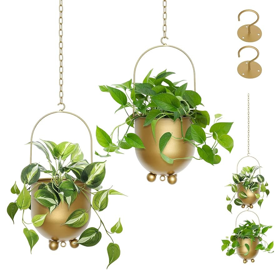 AceList Boho Gold Metal Hanging Planters, Set of 2 with Hooks & Chains - Versatile Wall & Ceiling... | Amazon (US)