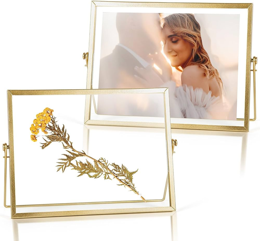 AceList 7x9 Picture Frame Set of 2 for 5x7 Picture - Gold Metal Floating Photo Frame with Glass C... | Amazon (US)
