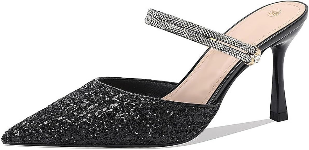 getmorebeauty Women's High Heels Sandals Pointed Toe Sequins Glitter Fashion Single Sandals Shoes | Amazon (US)