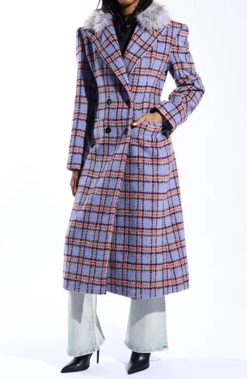 AZALEA WANG Plaid Trench with Faux Fur Collar in Lavender at Nordstrom, Size X-Large | Nordstrom
