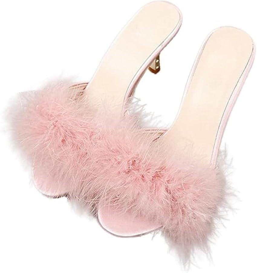 YIBLBOX Women's Round Toe Sandal Fluffy Feather Sexy Slippers Kitten Heeled Slippers | Amazon (US)