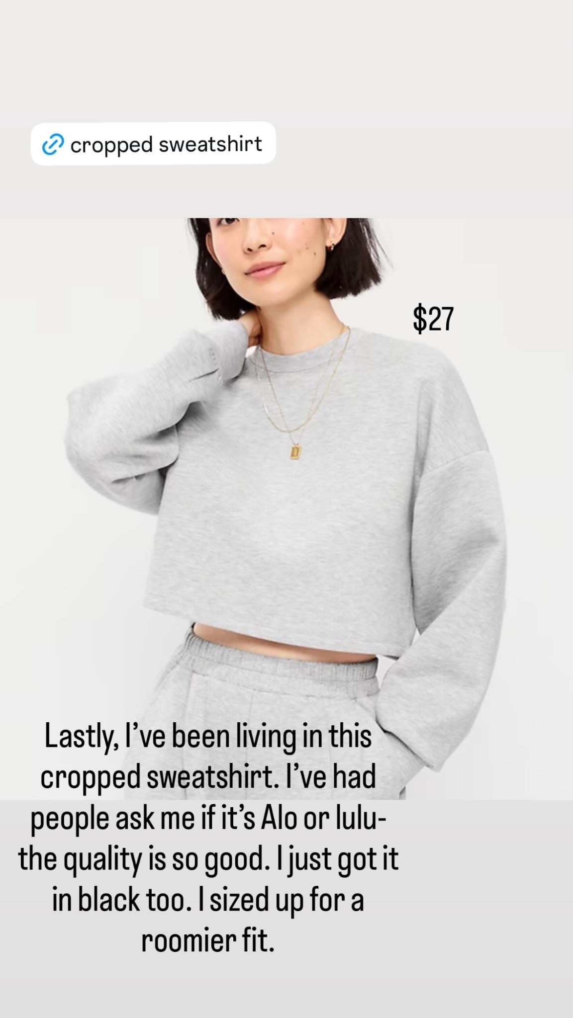 This cropped sweatshirt is amazing- the quality is so good. Size up for a roomier fit. 

#croppedsweatshirt #athleisure #athleisuresets #traveloutfits #athleticwear #athleticwearsets #oldnavy 