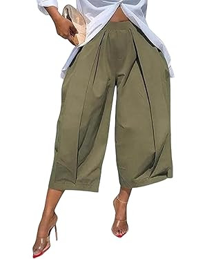 LETSVDO Women Wide Leg Palazzo Capri Pants High Waist Baggy Barrel Balloon Pleated Gaucho Crop Tr... | Amazon (US)