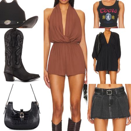 Brown romper, coors light top, black sun dress, black jean skirt, black cowgirl boots, black shoulder bag, black cowgirl hat, pleated mini skirt, spring outfit, country concert outfit, jeans, stagecoach, Coachella  

#LTKshoecrush #LTKFestival #LTKstyletip