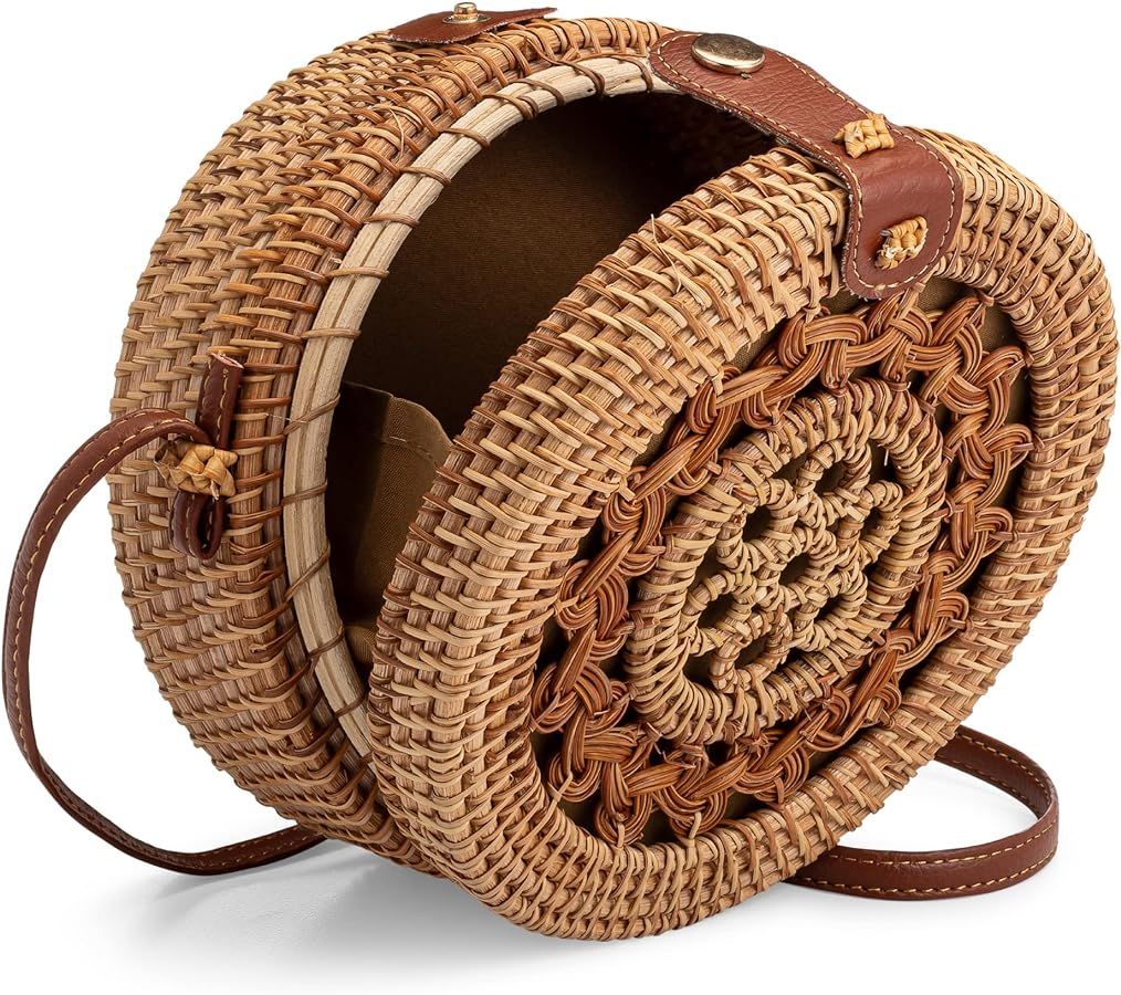 Round Rattan Bag With Shoulder Leather Strap. Made from Natural Rattan | Amazon (US)