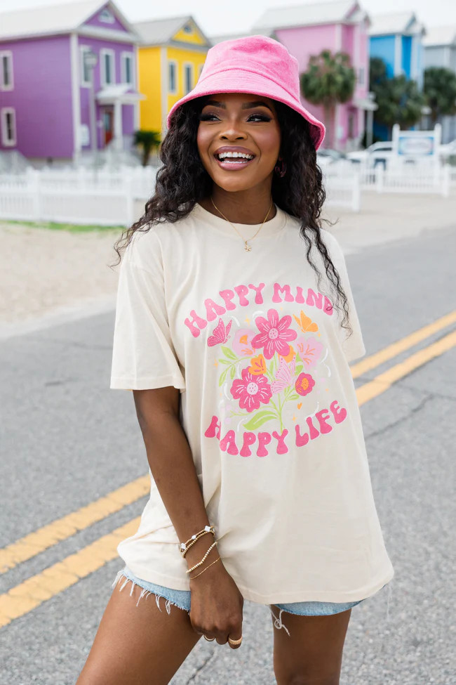 Happy Mind Happy Life Ivory Oversized Graphic Tee | Pink Lily