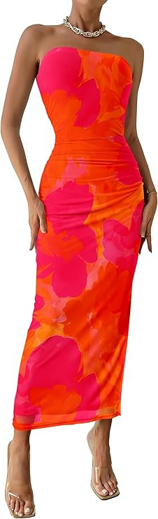 PRETTYGARDEN Women's Summer Wedding Guest Dress Strapless Tube Top Maxi Bodycon Long Floral Mesh ... | Amazon (US)