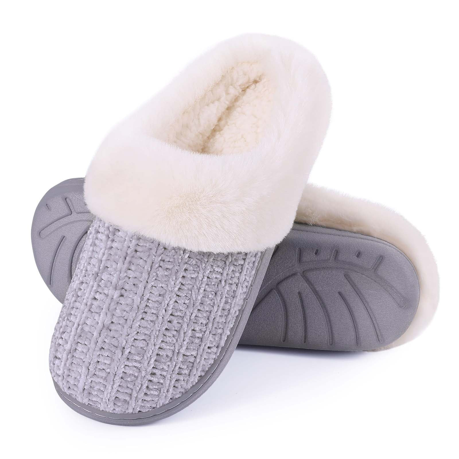Litfun Fuzzy Slippers for Women Chenille Knit Fleece Slippers Memory Foam House Shoes, Grey, Size... | Walmart (US)