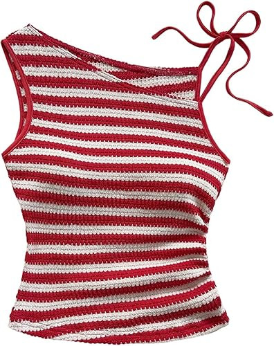 GORGLITTER Women's Striped Sleeveless Tank Tops Tie Shoulder Asymmetrical Neck Going Out Knit Shi... | Amazon (US)