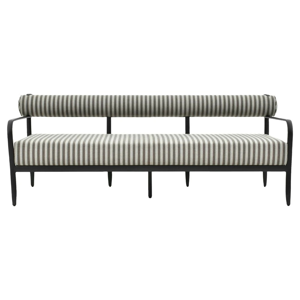 Madelle Modern Classic Grey Striped Sunbrella Black Aluminum Outdoor Sofa - 81" | Kathy Kuo Home