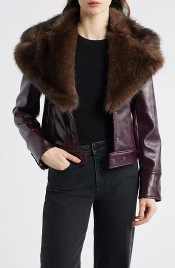 Cleo Faux Fur Collar Faux Leather Crop Jacket | Nordstrom