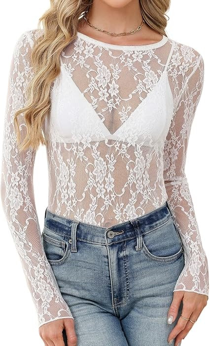 LOMON Womens Mesh Tops Lace Shirts Long Sleeve Crew Neck Sexy See Through Blouses Tee Party Club ... | Amazon (US)