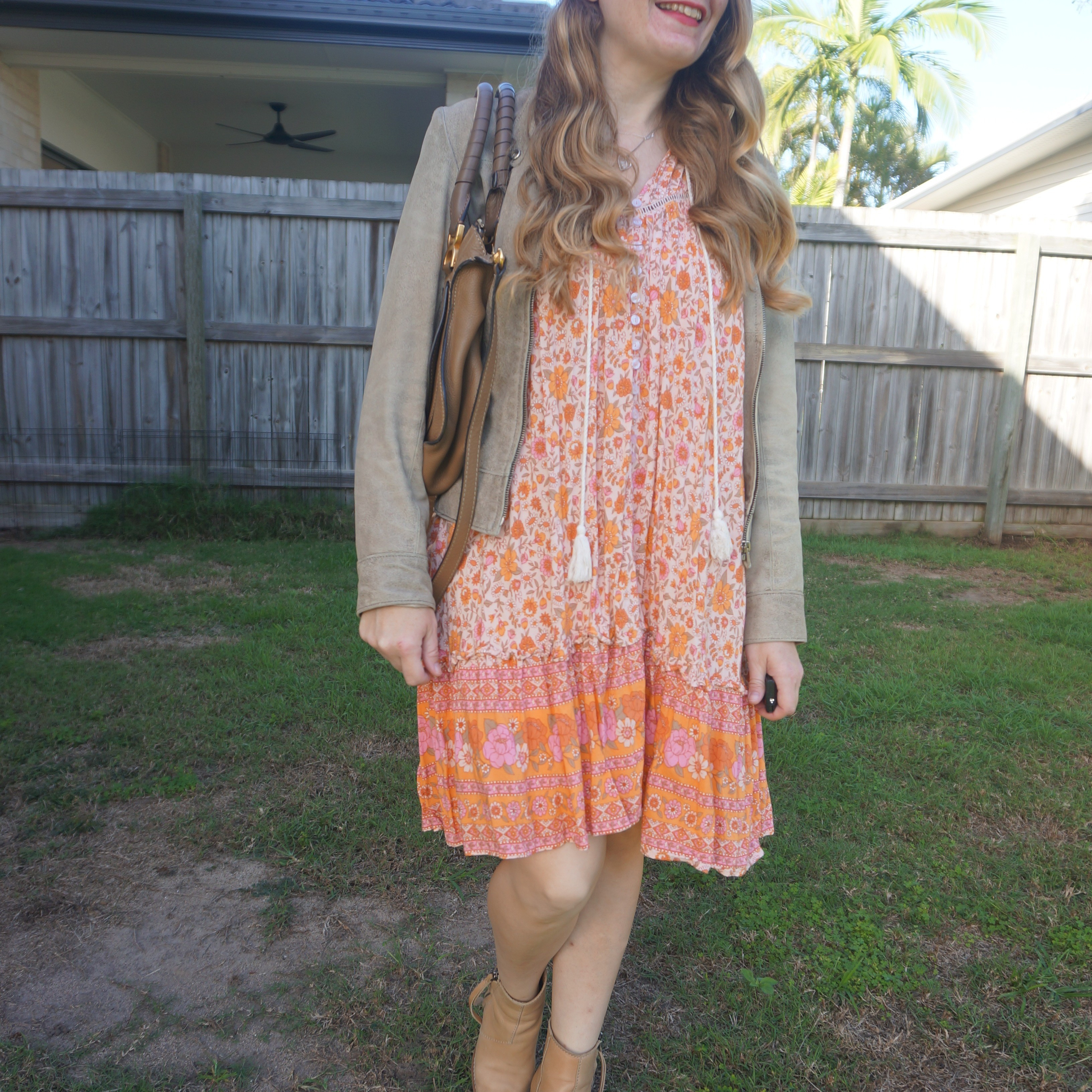 Jaase floral dress with thrifted vintage leather jacket, Chloe Marcie shoulder bag and Acne Pistol ankle boots 🧡

#LTKaustralia #LTKdresses #LTKbag