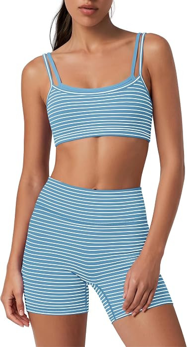 Womens Striped Workout Set 2 Piece Athletic Sets Double Layer Sports Bra Biker Shorts with Pocket... | Amazon (US)