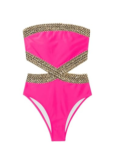 Milumia Women's Stitch Detail Strapless One Piece Swimsuit Cut Out Bandeau Bathing Suit Hot Pink Medium | Amazon (US)