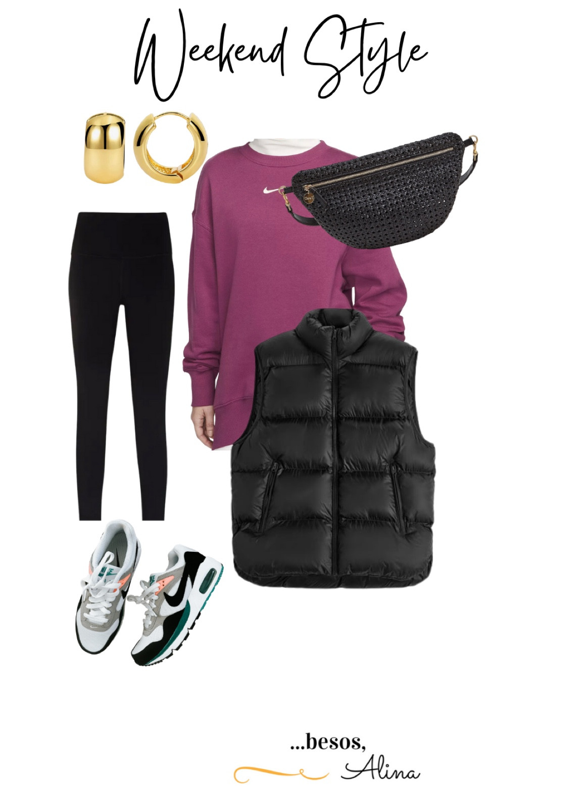 Puffer vest sweatshirt and leggings outfit 