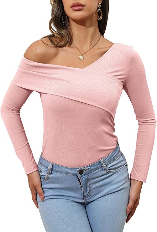 Womens Sexy Casual Cross Off Shoulder Tops Ribbed Knit Slim WrapTee Shirt Long Sleeve Blouse Shir... | Amazon (US)