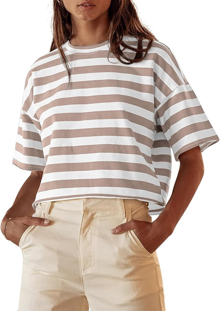 Cioatin Women Oversized Striped Colorblock Crop Tee Top Crew Neck Short Sleeve Loose Fit Aestheti... | Amazon (US)