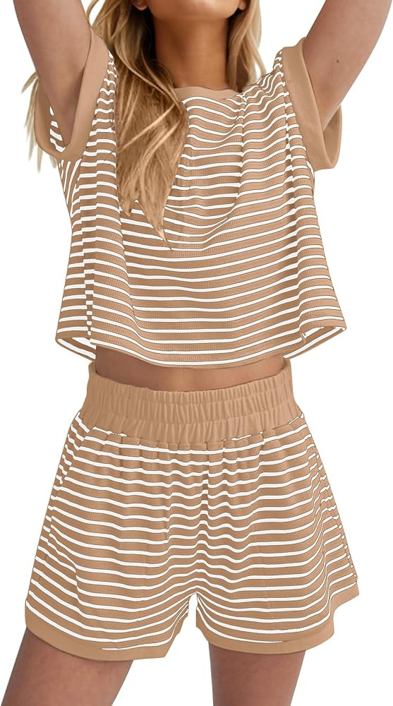 MISSACTIVER 2 Piece Lounge Set Women Stripe Knit Short Sleeve Tee Shirts Shorts Casual Summer Lou... | Amazon (US)