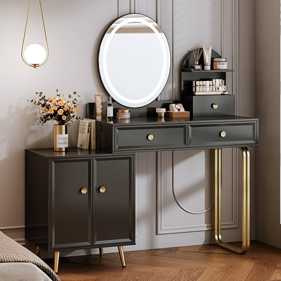 Dark,Vanity Desk with Mirror and Lights,Small Makeup Vanity with 2 Spacious Drawers,Modern Makeup... | Amazon (US)