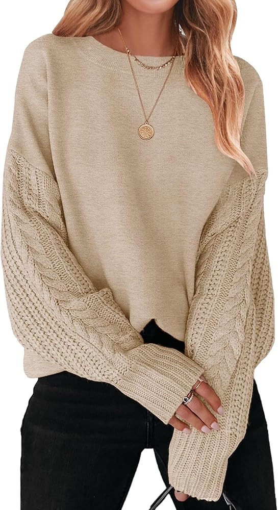ZESICA Women's 2025 Fall Long Sleeve Crew Neck Solid Color Cable Knit Chunky Casual Oversized Pul... | Amazon (US)