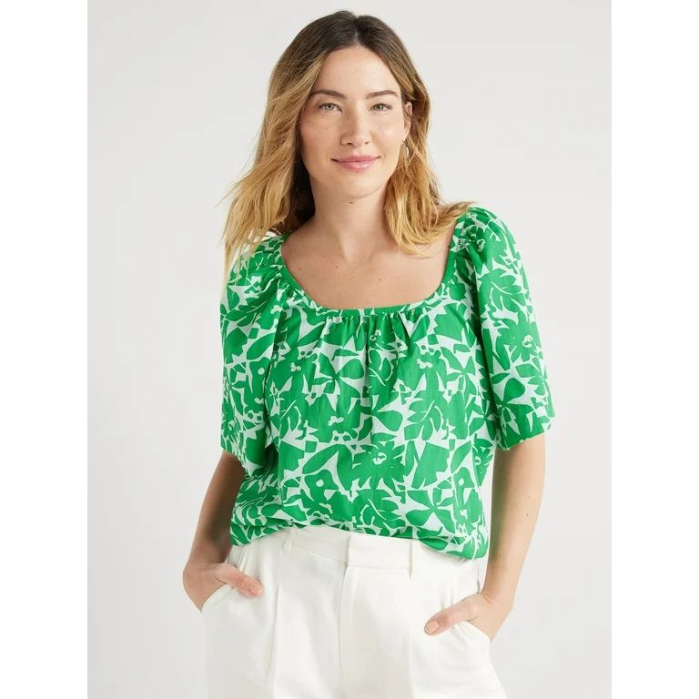 Free Assembly Women’s Square Neck Top with Short Sleeves, Sizes XS-XXL - Walmart.com | Walmart (US)