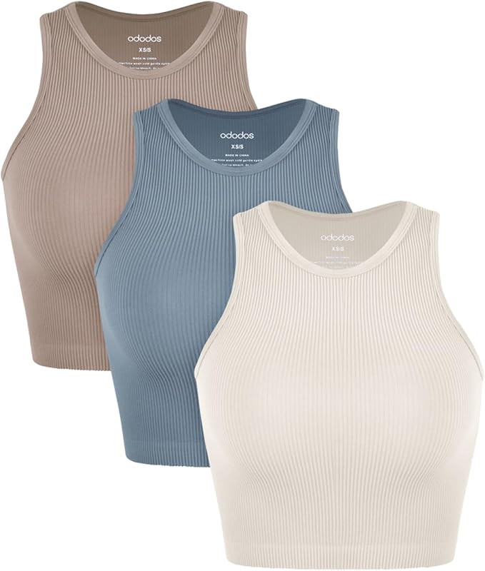 ODODOS 3-Pack Seamless Crop Tank for Women Ribbed Soft High Neck Cropped Tops | Amazon (US)