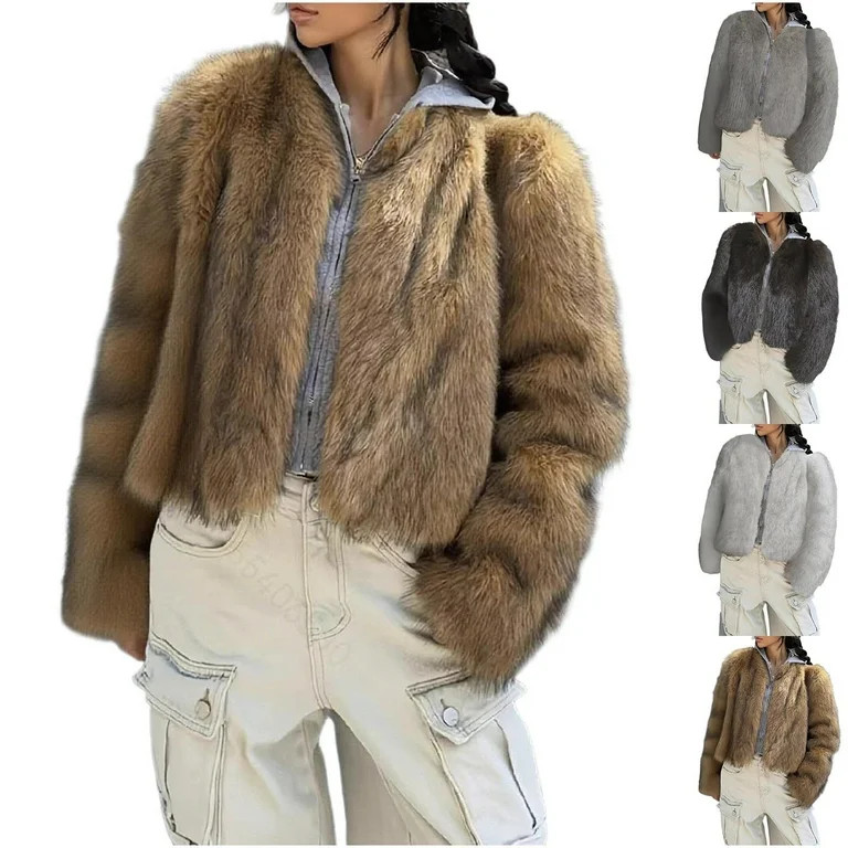 STETMN Fall Winter Faux Fur Coat for Women Furry Zip Up Hood Coats Shaggy Trendy Crop Loose Jacke... | Walmart (US)