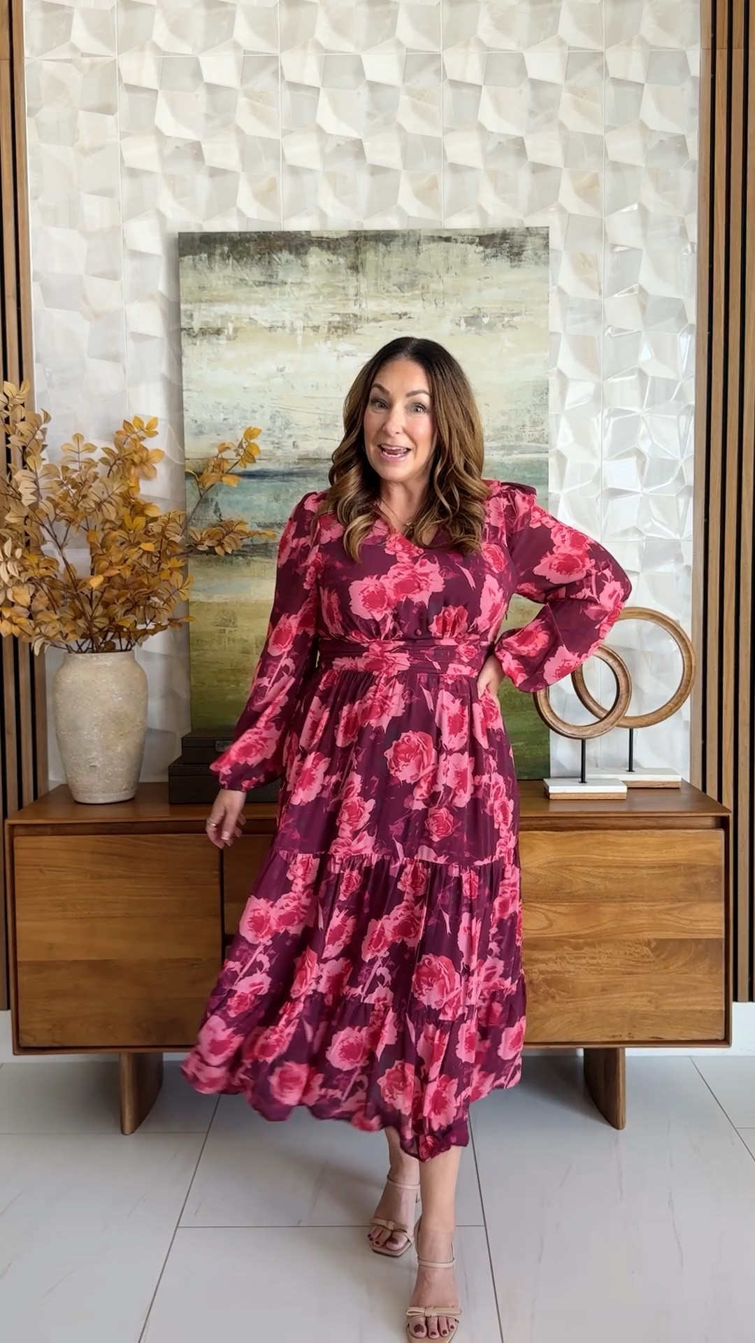 Fall rose print dress 🍷 Burgundy and pink rose print long-sleeve tiered midi dress with a v-neck and tie waist, finished with nude strappy heels. A pretty wedding guest and date-night dress for fall. Sizing: tts, large

#LTKSeasonal #LTKOver40 #LTKMidsize