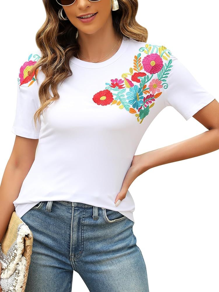 Mexican Shirts for Women Embroidered Tops Traditional Summer Blouse Women's Floral Tunic Round Ne... | Amazon (US)