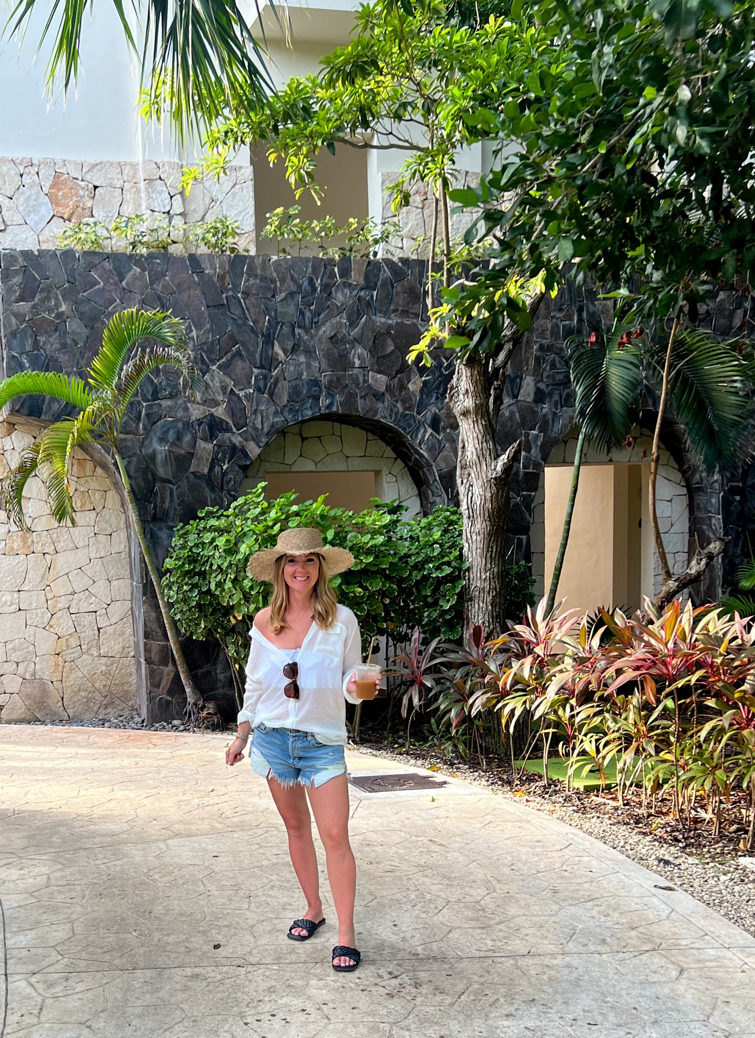 Beach look. Seagrass beach hat. White button coverup. Swimsuit cover up. Jean cutoffs. Resortwear. Beachwear. Swimsuit. Neutral beach outfits 

#LTKswim #LTKunder50 #LTKtravel
