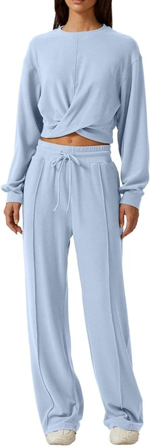 QINSEN Women 2 Piece Outfits Sweatsuit Set Twist Front Cropped Sweatshirt Wide Leg Sweatpant Loun... | Amazon (US)