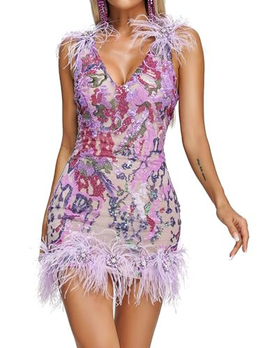 BELLA BARNETT Purple Feather Floral Sequin Birthday Cocktail Bodycon V-Neck Mini Dress, X-Small | Amazon (US)