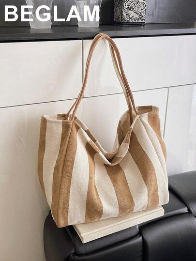 Retro Korean Style Stripe Canvas Tote Bag, Casual Large Capacity Shoulder Bag, Suitable For Women... | SHEIN