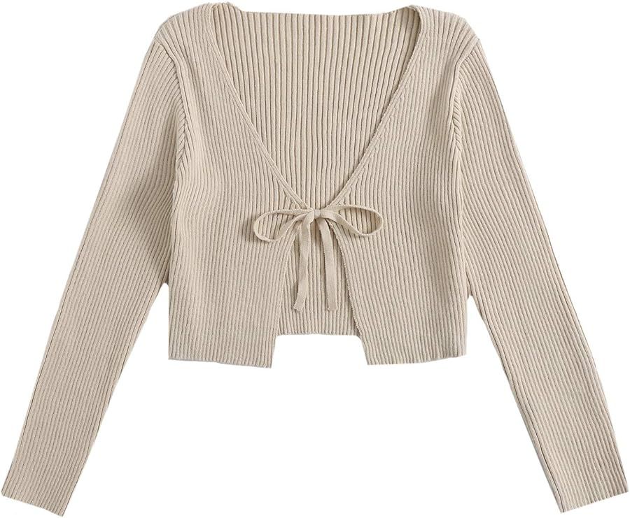 Floerns Women's Tie Front Long Sleeve Rib Knit Cardigan Crop Top | Amazon (US)