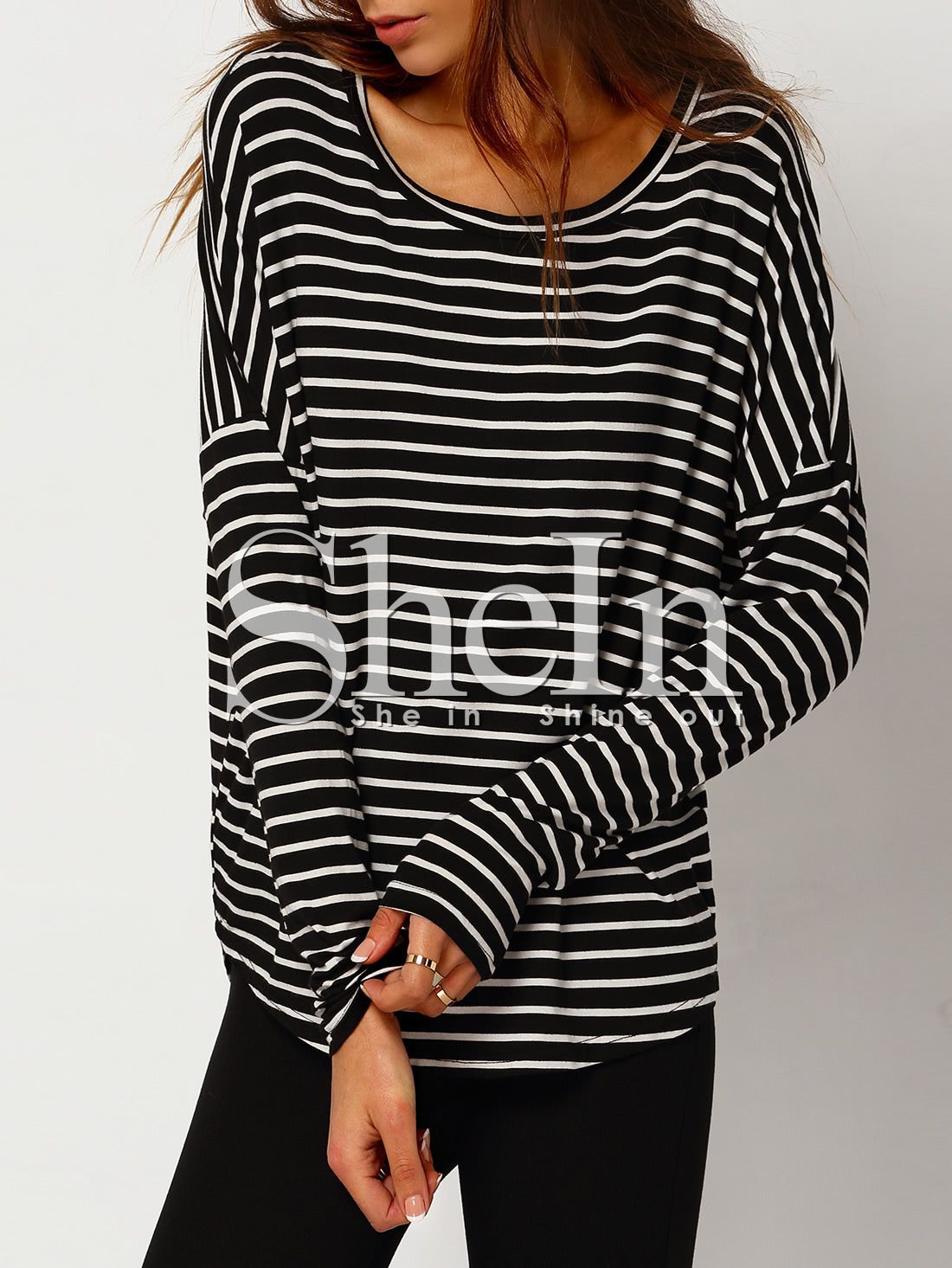 Black White Striped Round Neck T-Shirt | SHEIN