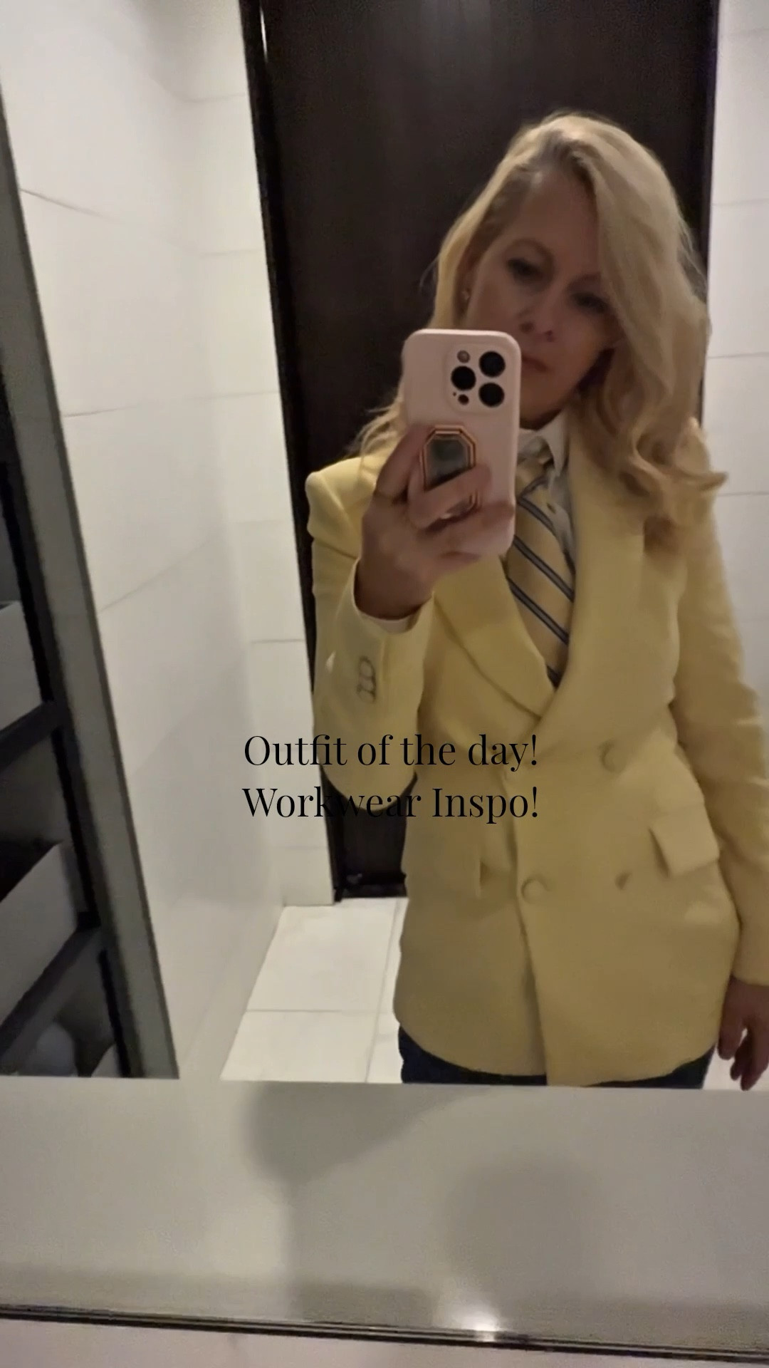 Workwear outfit of the day Inspo! 
Lemon 🍋 yellow blazer with a men’s tie, white button up shirt and jeans  

#LTKootd #LTKWorkwear #LTKOver40