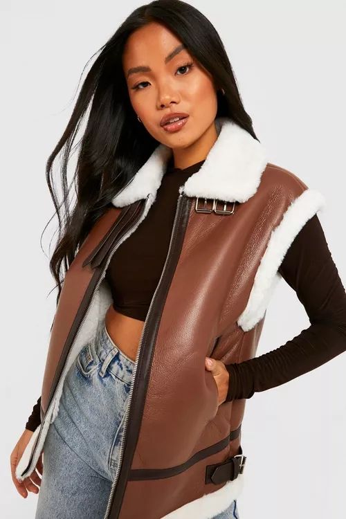 Petite Premium Faux Leather Aviator Gilet | Boohoo.com (UK & IE)