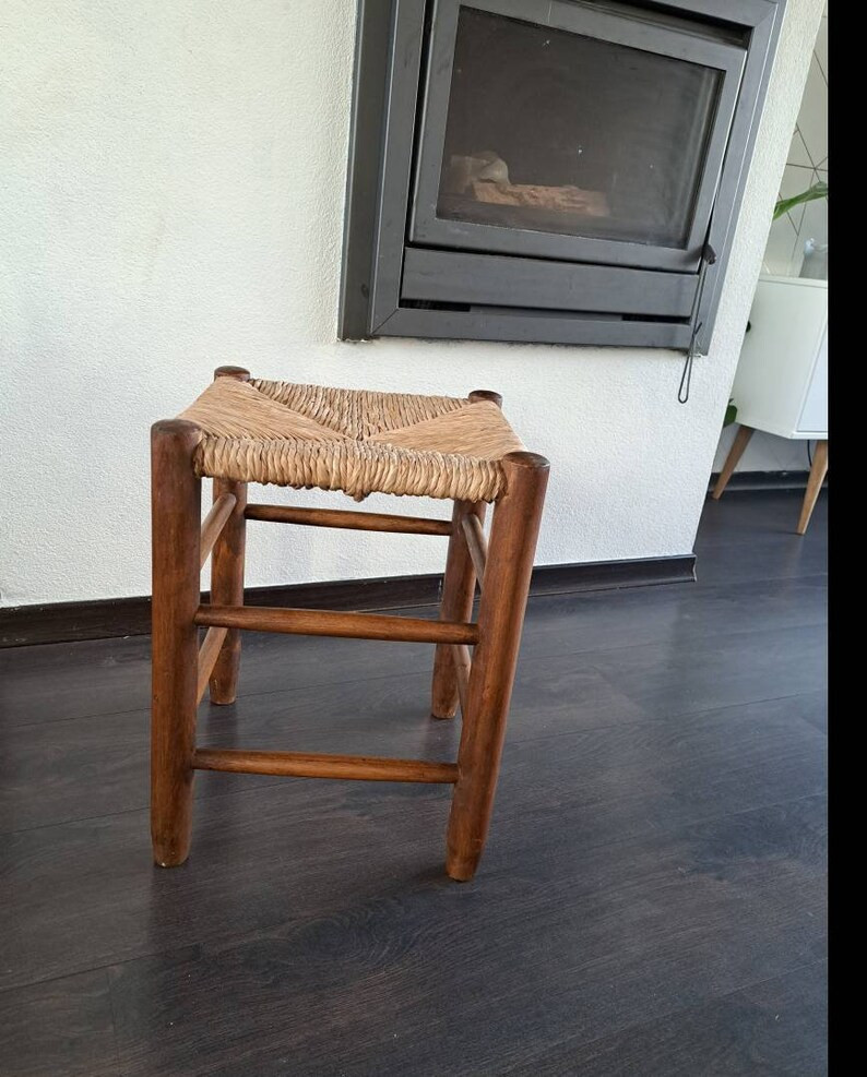 Vintage wooden stool with wicker seat Charlotte Perriand style, 70s | Etsy (CAD)