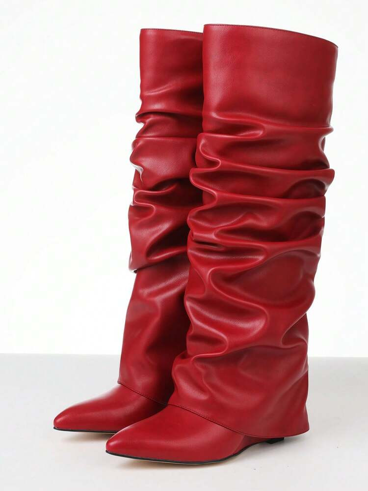 Winter Boots Women Slouched Ruched Fold Over Boots Covered Wedge Block Heel Knee High Punk Gothic... | SHEIN