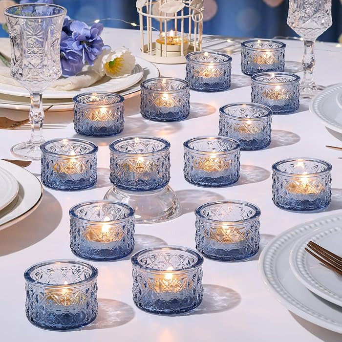 24 Pack Blue Tealight Candle Holders, Diamond Glass Votive Candle Holders Bulk for Wedding Center... | Amazon (US)