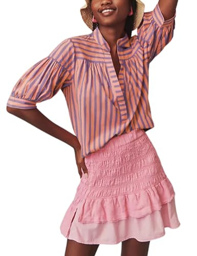 Womens Summer Pleated V Neck T Shirts Short Sleeve Casual Loose Blouses Striped Tunics Swing Top | Amazon (US)