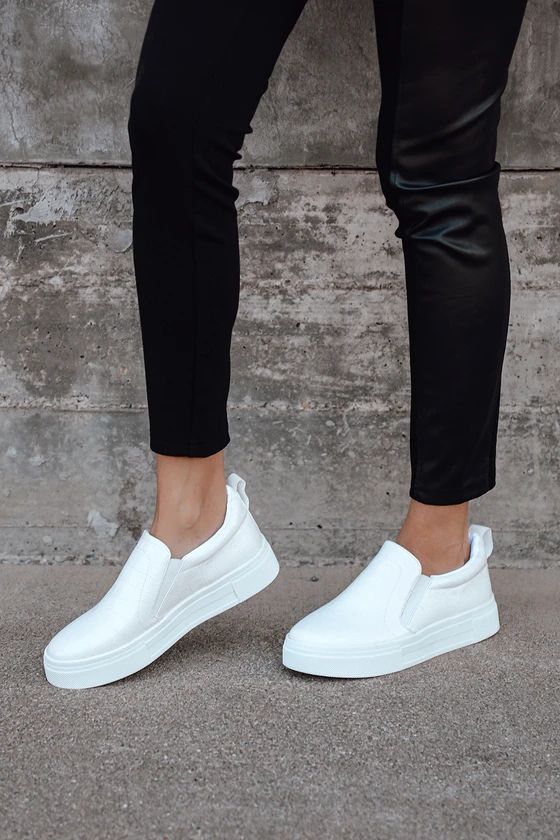 Cassay White Crocodile-Embossed Platform Slip-On Sneakers | Lulus (US)